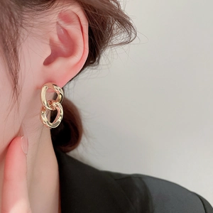 Interlinked Hoop Dangle Earrings With Silver Earring Post Gold Plated Geometric Chain Link For Women