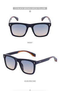 Detailed front and 45-degree side views of square sunglasses with metal arrow rivets