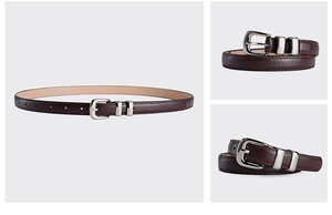 Detailed views of dark brown leather belt with silver buckle and stitching