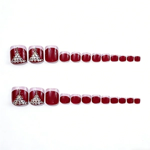 Short square burgundy press-on toenails with French tips and glittery rhinestone design