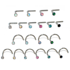 20-piece set of G23 titanium nose rings with opal and CZ studs in L-shape and U-shape