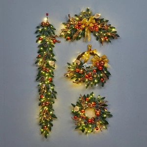 Champagne gold Christmas garland and wreath set with warm LED lights and ornaments