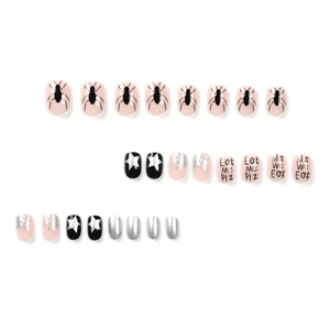 Halloween press-on nails featuring black spider, silver star, and Eat Me Plz art on pink base