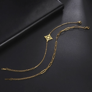 Gold stainless steel layering bracelet set with Celtic knot and paperclip chain links
