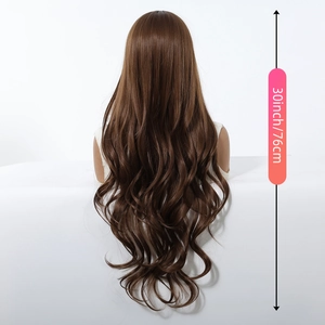 Rear view of 30 inch long wavy wig in dark brown showing hair texture and length