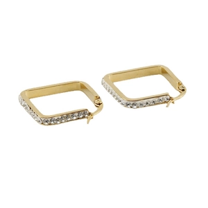 Minimalist square gold stainless steel hoop earrings with clear rhinestones on white background