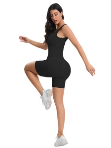 Detail of a seamless black yoga bodysuit showing stretchability and a form-fitting cut