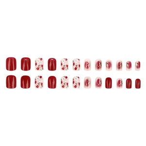 24pcs short square press-on nails with red tulip art and gold leaf foil accents