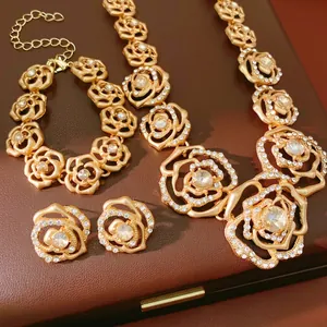 Hollow Rose Jewelry Set Rhinestone Necklace Bracelet Earrings Alloy Floral Elegant Vintage Style For Women With Silver Earring Post