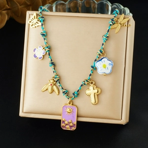 Bohemian Colorful Woven Rope Necklace Stainless Steel Gold Plated Enamel Butterfly Bee Cross Sun Pendants For Women