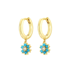 Macro detail of gold flower hoop earrings featuring turquoise stones and a zircon center