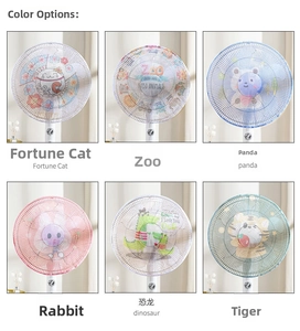 Detail view showing six cartoon fan safety covers with dense breathable mesh fabric