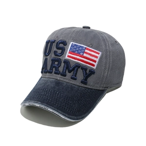 Detail of US ARMY 3D embroidery and flag patch on washed拼接 baseball cap