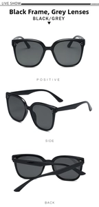 Three-view display of black square sunglasses with silver rivets and grey lenses