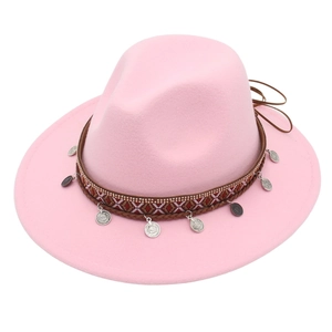 Pink felt fedora featuring a bohemian ethnic band with silver metal coin pendants