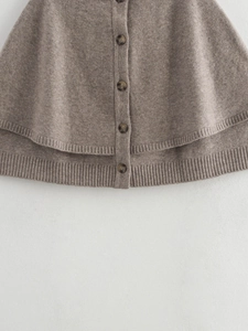 Detail shot of brown knit cardigan featuring single-breasted buttons and ribbed hem texture