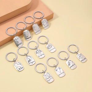 Macro detail of twelve alloy zodiac keychains with engraved symbols and Portuguese names