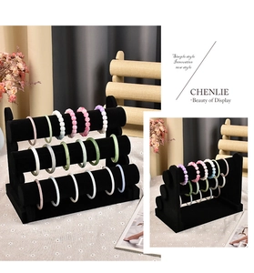 Three-tier black velvet jewelry display stand for bracelets and watches storage