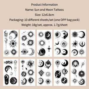 Detailed sheet of black sun and moon temporary tattoos featuring 10 unique celestial designs