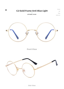 Voor- en zijaanzicht van een ronde gouden metalen bril met blauw licht filter model C2
