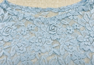 Detailed macro view of light blue lace fabric with intricate floral crochet patterns