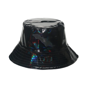 Detail of holographic black PU leather bucket hat with multi-row stitching on the brim