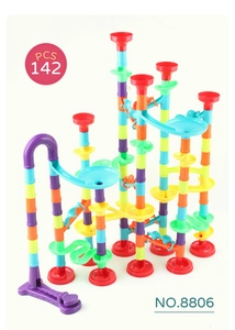 Detailed 142pcs marble run building blocks set featuring colorful tracks and fun towers
