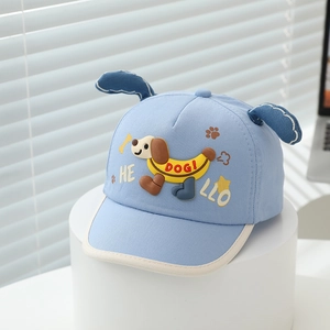Detail of light blue kids baseball cap with cute ears and dog embroidery design