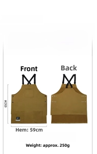 Detailed size chart for brown work apron showing dimensions and polyester material