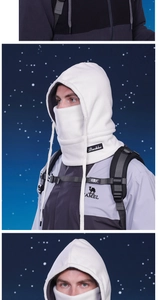 Detail of white fleece hood with adjustable drawstring and integrated neck gaiter