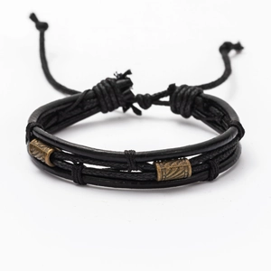 Handmade multilayer black leather bracelet set with vintage bronze metal accents