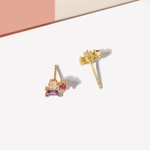 Pair of gold-plated geometric stud earrings with colorful zircon stones on white background