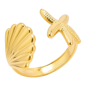 Adjustable 18K gold stainless steel starfish and seashell open ring for women