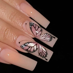 Detailed view of lavender almond nails with glitter butterfly art and French gradient style