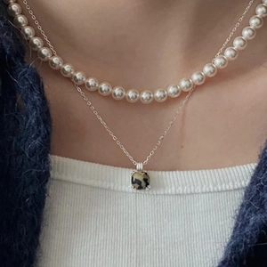 925 silver layered necklace with pearl chain and zebra stone square pendant for women