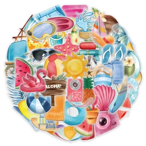 50pcs waterproof summer beach stickers set with flamingo watermelon and sun patterns