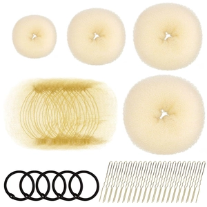 Beige donut bun makers set with hair pins and elastic bands on a white background