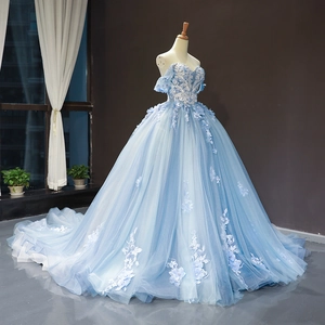 Light blue off-shoulder ball gown wedding dress with floral embroidery and long train