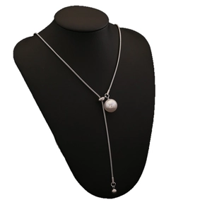 Elegant silver Y-shaped snake chain necklace featuring a large faux pearl pendant