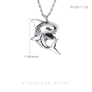 Detail showing shark pendant size 39x34mm and weight 12g in polished stainless steel