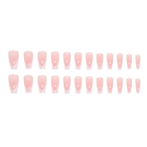 24pcs long coffin ballerina nails with white V-tip French design and soft pink base