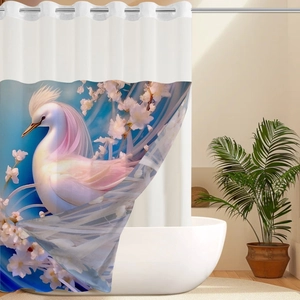 Detail of waterproof crane and cherry blossom shower curtain with hanging rings