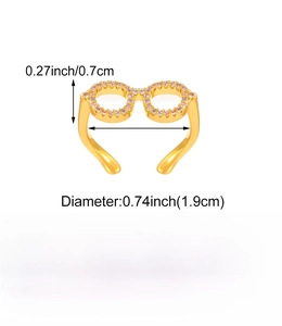 Detailed dimensions of gold eyeglasses open ring with pink zircon inlay and size data