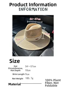 Size chart showing 54-57cm circumference and 9cm brim for the raffia sun hat