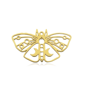 Macro view of a golden moth-shaped pendant featuring an intricate hollow design