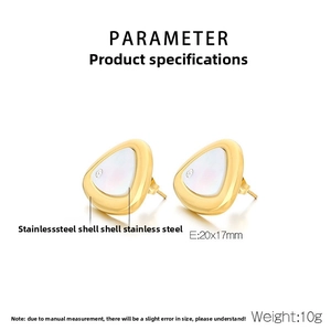 Detailed view of triangular stainless steel earrings with shell inlay and size parameter