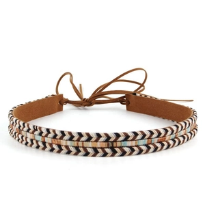 Bohemian braided belt with colorful ethnic patterns and brown suede tassel ties