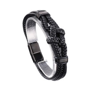 Men's minimalist multilayer braided leather bracelet with black magnetic metal clasp