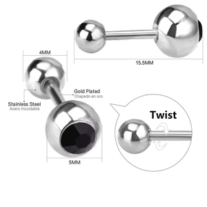 Detailed size chart of stainless steel stud earring with black crystal and screw closure