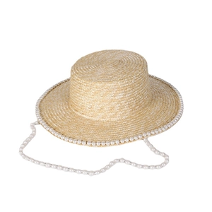 Elegant wide-brim pearl-trimmed straw hat for sun protection in classic French style